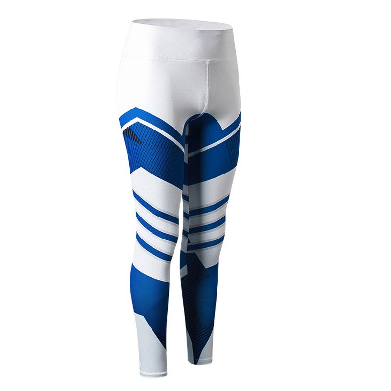 pikywiky high waisted athletic leggings in white and blue with geometric patterns and reflective detailing