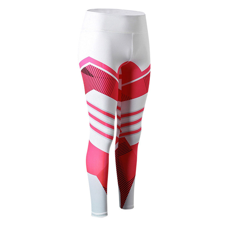 pikywiky high waisted athletic leggings in white and pink with geometric patterns and reflective detailing