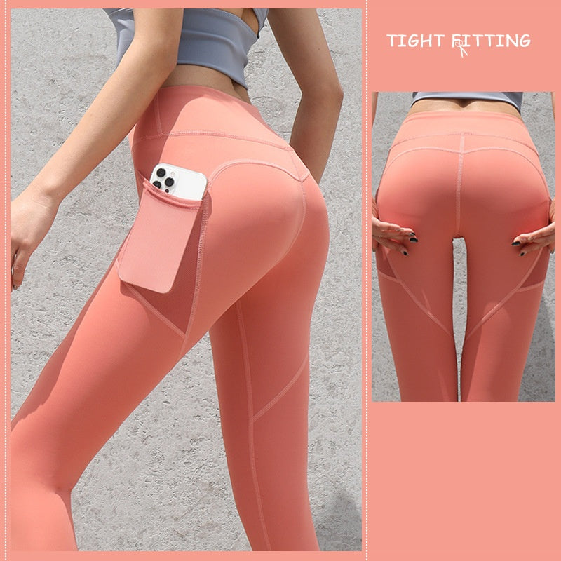pikywiky high-waisted peach athletic leggings with side phone pocket and sculpting seams for a flattering fit