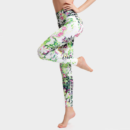 pikywiky high-waisted athletic leggings featuring a vibrant green, pink, and white floral and animal print pattern