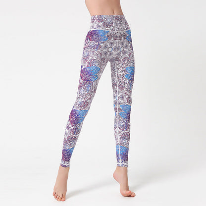 pikywiky high-waisted athletic yoga leggings featuring a vibrant blue and purple intricate mandala floral print