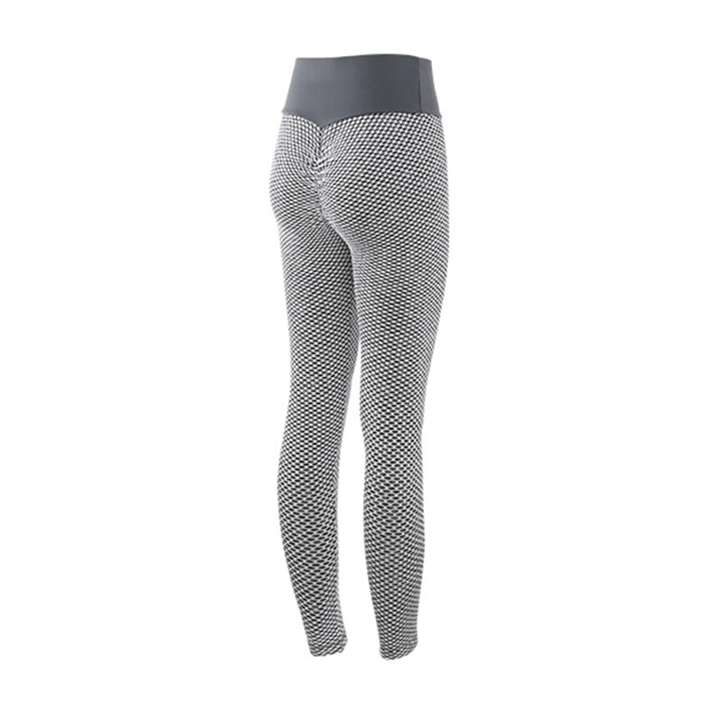 pikywiky high-waisted athletic leggings in black and white honeycomb texture with a flattering ruched back detail