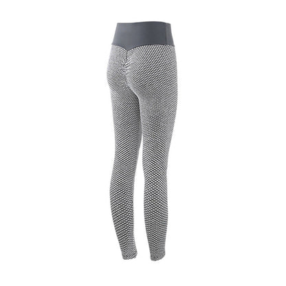 pikywiky high-waisted athletic leggings in black and white honeycomb texture with a flattering ruched back detail