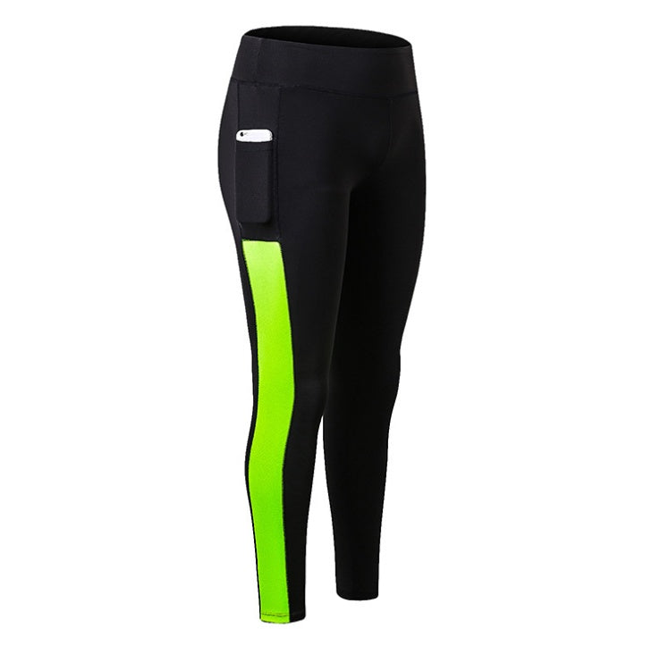Pikywiky women's black leggings with neon green side stripe and phone pocket
