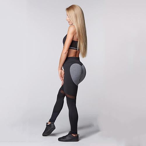 Pikywiky women's heart print push-up gym leggings in black and gray, breathable and quick-dry