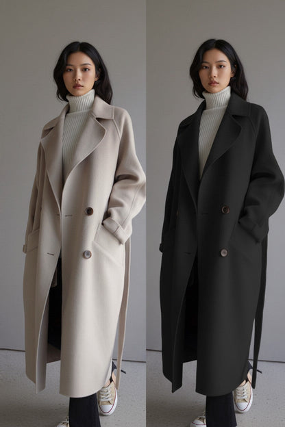 pikywiky long lapel coats in beige and black worn over white turtleneck sweaters with sneakers