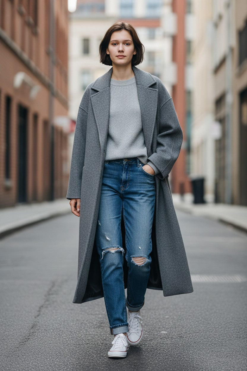 Woman wearing a Pikywiky gray long woolen coat with jeans and sneakers