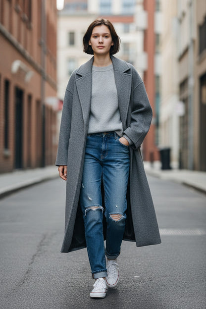 Woman wearing a Pikywiky gray long woolen coat with jeans and sneakers