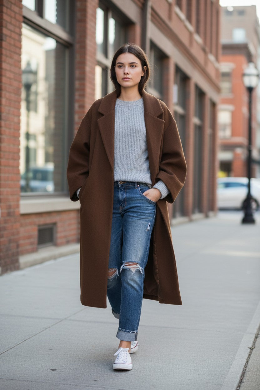 Woman wearing a Pikywiky brown long woolen coat on a city street