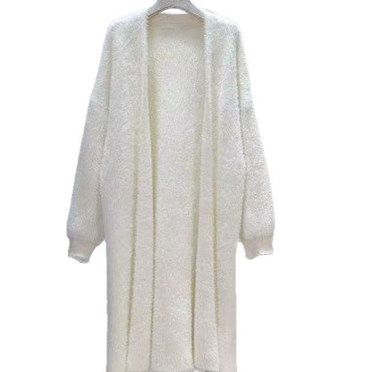 pikywiky long white fuzzy open front cardigan sweater with a soft oversized knit texture