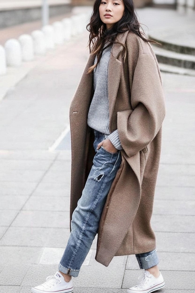 Pikywiky beige long woolen coat with a gray sweater for an urban chic look