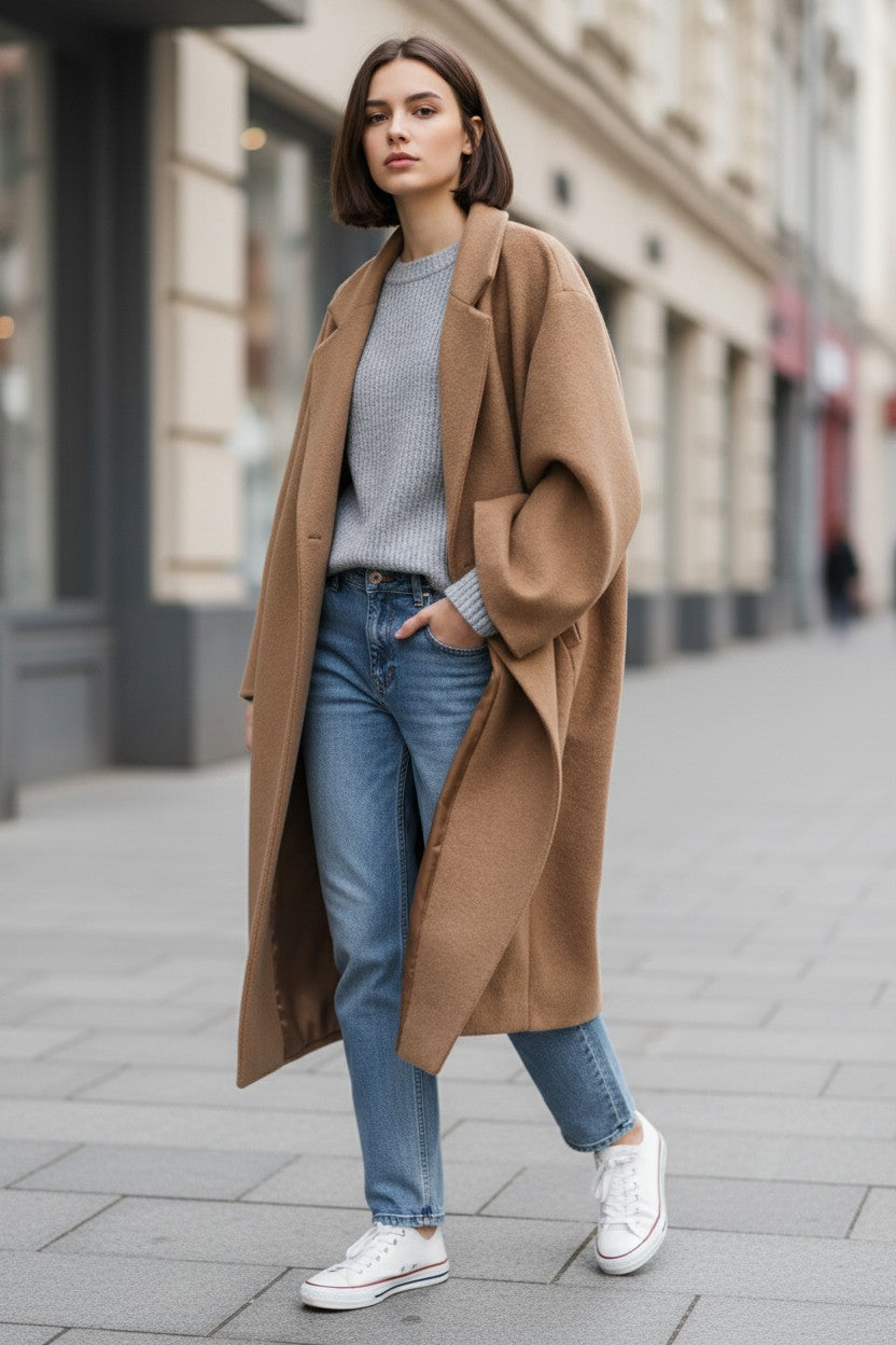 Woman wearing a Pikywiky camel long woolen coat in the city