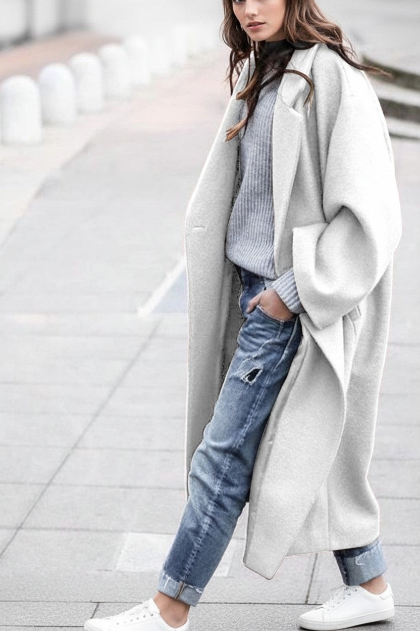 Pikywiky light gray long wool blend coat worn with jeans and sneakers