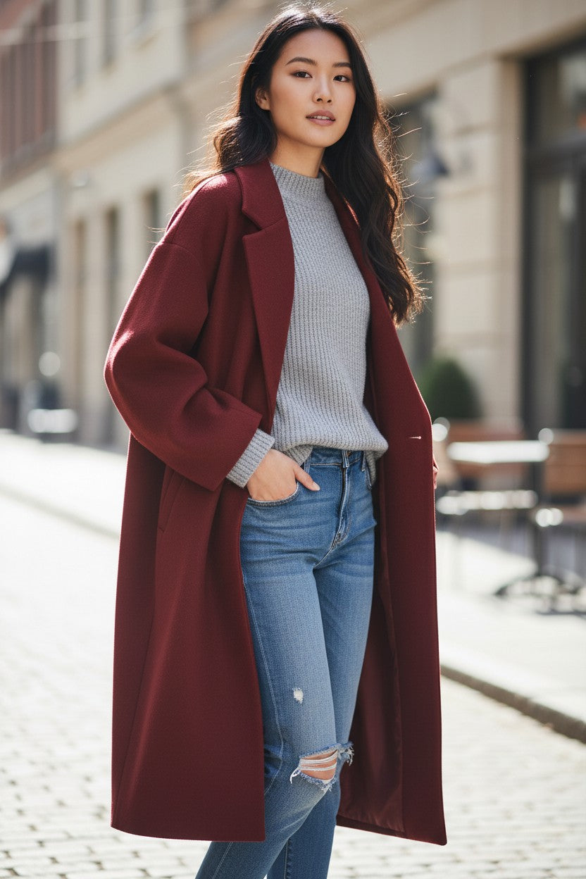 Pikywiky dark maroon long coat with lapel collar on a city street