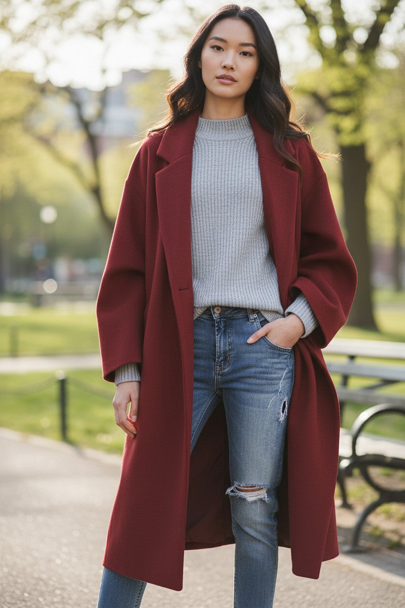 Pikywiky wine red long woolen coat with lapel collar over a gray sweater