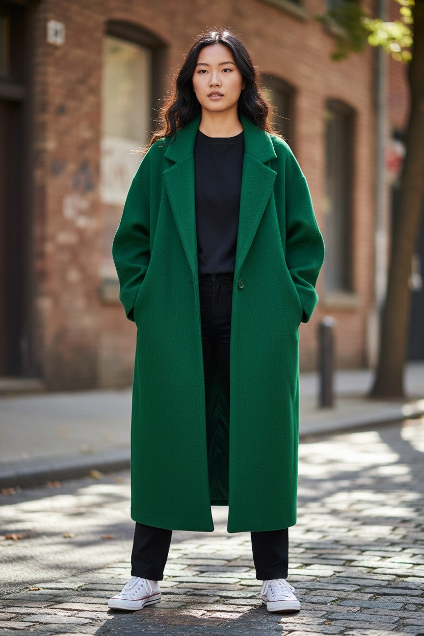 Woman wearing a Pikywiky green long woolen coat with lapel collar and side pockets