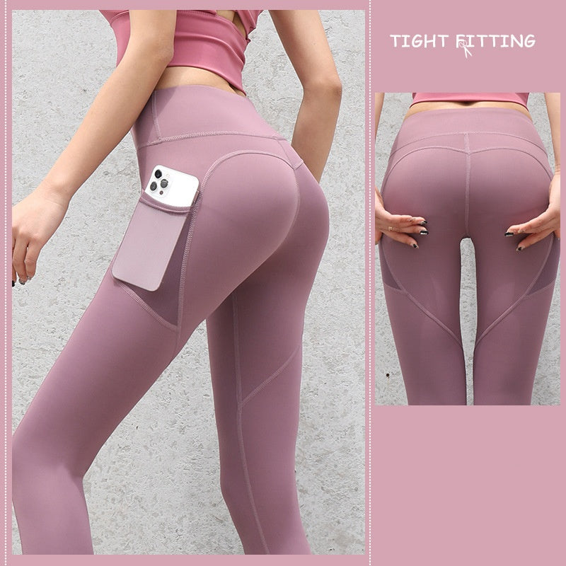 pikywiky mauve high-waisted athletic leggings with side pocket and sculpting contour seams for a lifted look