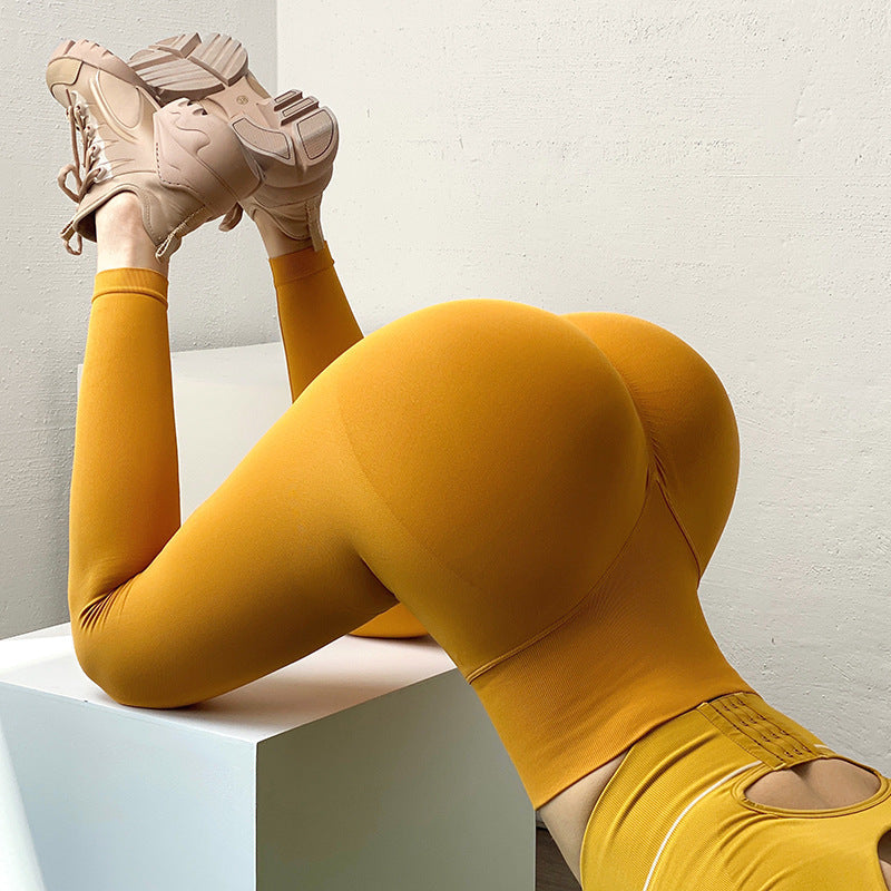 pikywiky mustard yellow high-waisted seamless leggings with ruched back detail for a lifting effect