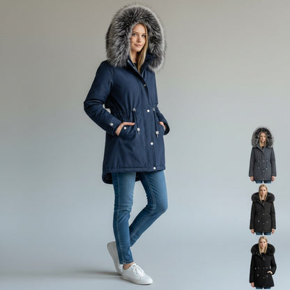 pikywiky navy blue puffer jacket with a plush faux fur hood, worn by a model with jeans and white sneakers