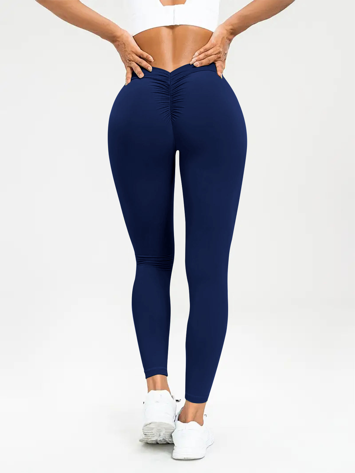 pikywiky high-waisted navy blue athletic leggings with ruched back detailing for a sculpted, lifted fit