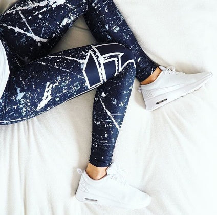 pikywiky women leggings with navy blue and white digital splatter print made from breathable polyester elastane blend