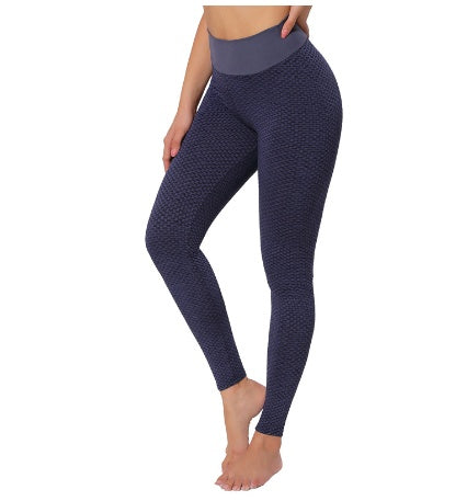 pikywiky high-waisted navy blue athletic leggings with a textured honeycomb pattern for a sculpting fit