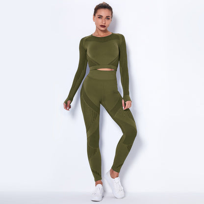 pikywiky olive green seamless long sleeve crop top and high-waisted leggings athletic set with mesh detailing
