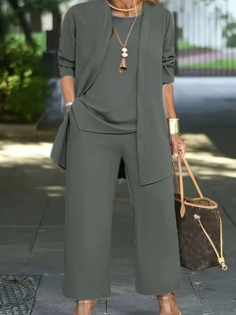 pikywiky olive green three-piece casual set with sleeveless tank, open-front cardigan, and wide-leg trousers
