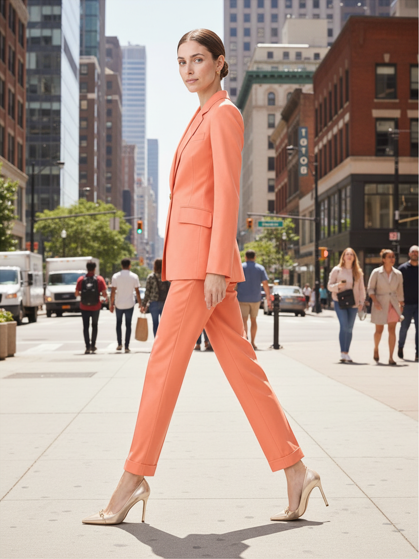 pikywiky orange tailored single-breasted blazer and tapered trouser suit set worn by a woman walking on city street