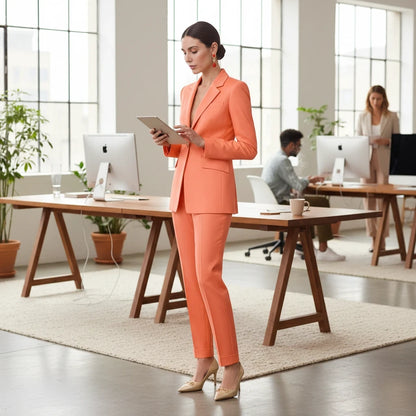 pikywiky orange tailored single-breasted blazer and tapered trouser suit set worn by a woman in a modern office