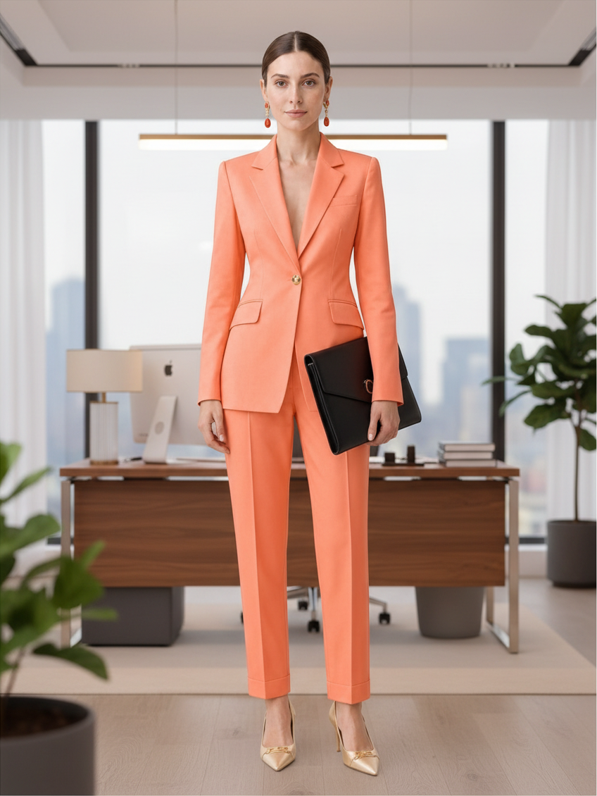pikywiky orange tailored single-breasted blazer and slim-fit trouser suit set worn by a woman in an office setting