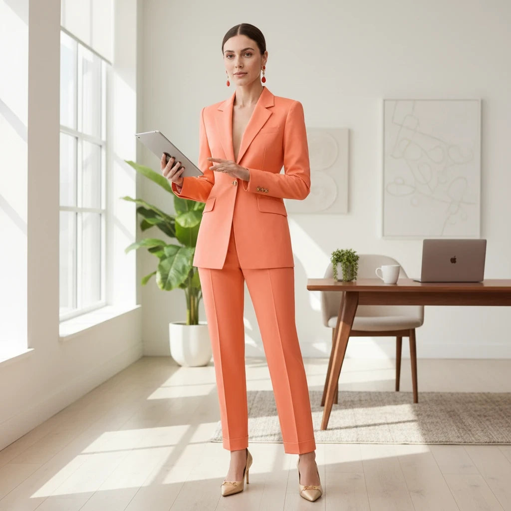 pikywiky orange tailored single-breasted blazer and trouser suit set worn by a woman in a bright modern office