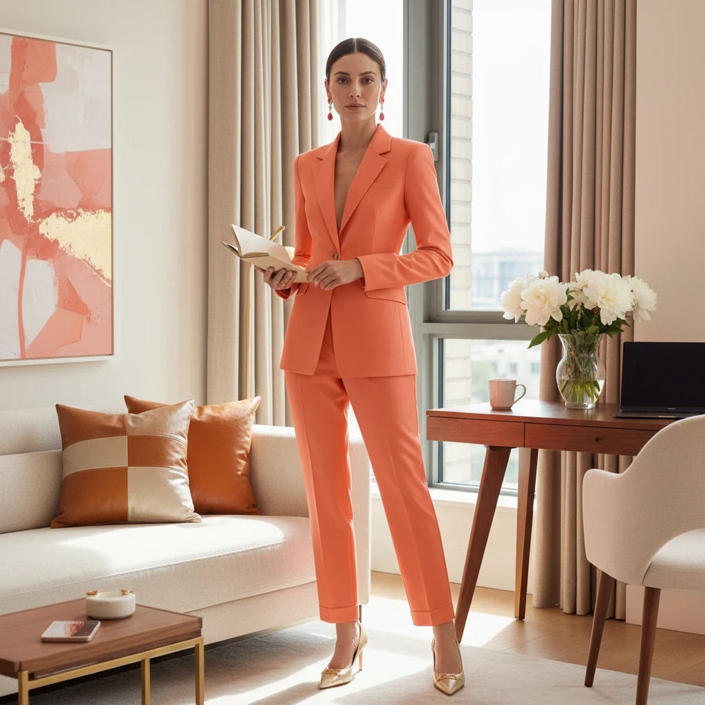 pikywiky orange tailored single-breasted blazer and tapered trouser suit set worn by a woman in a home office