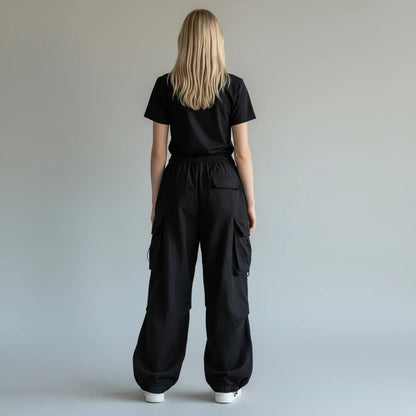 Back view of Pikywiky women's relaxed black cargo pants