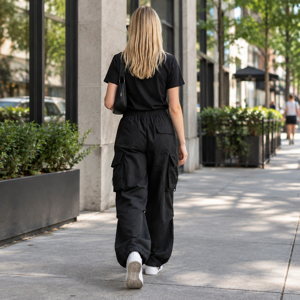 Woman wearing Pikywiky relaxed black cargo pants walking on a city street