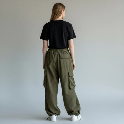 Back view of Pikywiky olive green high-waisted wide leg cargo pants