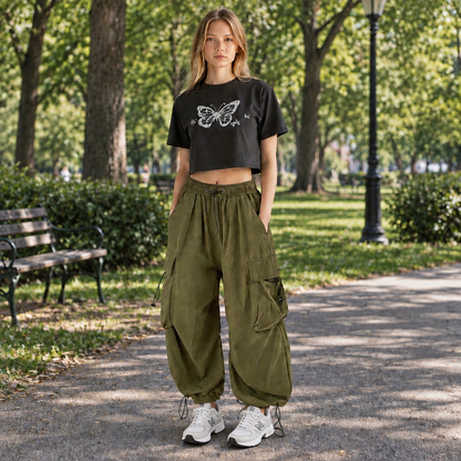 Woman wearing Pikywiky olive green high-waisted cargo pants in a sunny park