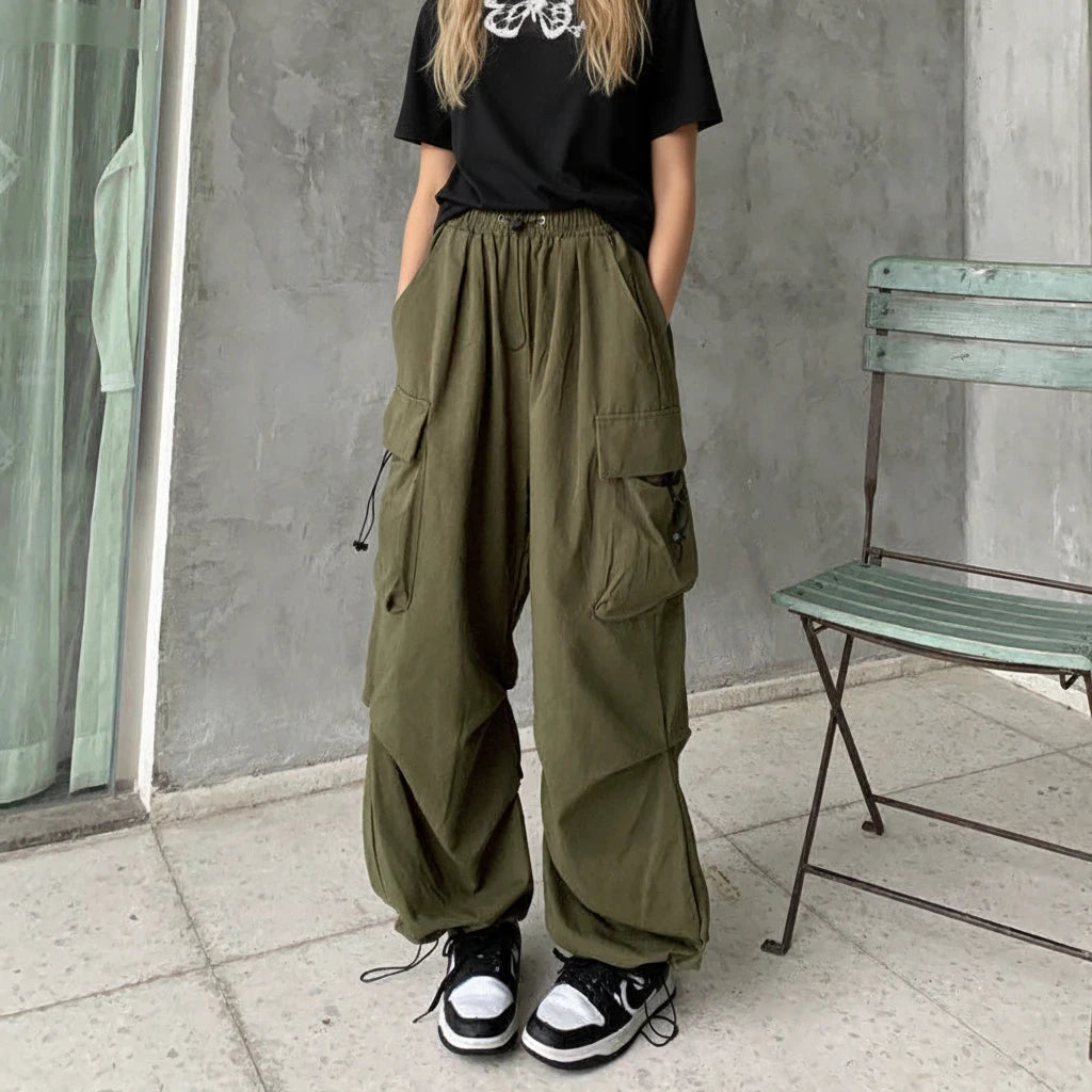 Pikywiky army green high-waisted cargo pants with utility pockets and drawstring