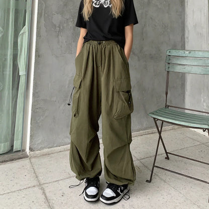 Pikywiky army green high-waisted cargo pants with utility pockets and drawstring