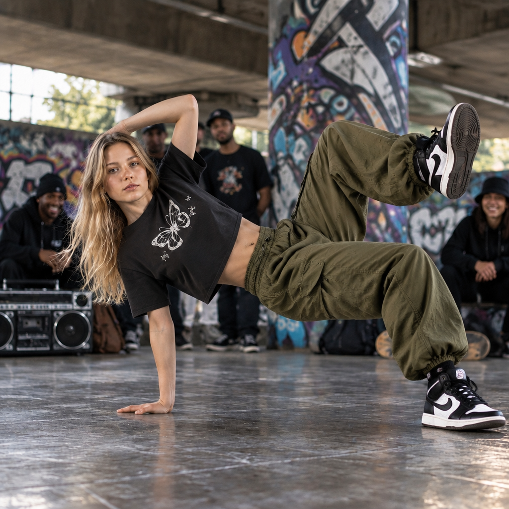 Dancer wearing Pikywiky army green high-waisted wide leg cargo pants
