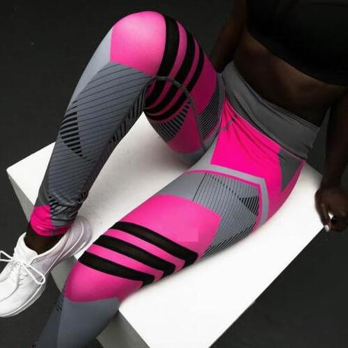 pikywiky high waisted athletic leggings in pink and grey with geometric patterns and moisture-wicking fabric