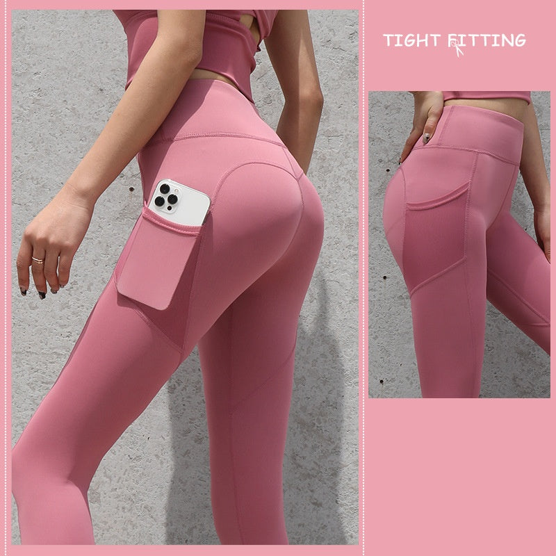 pikywiky high waisted pink athletic leggings with side phone pocket and sculpting seam details for a flattering fit