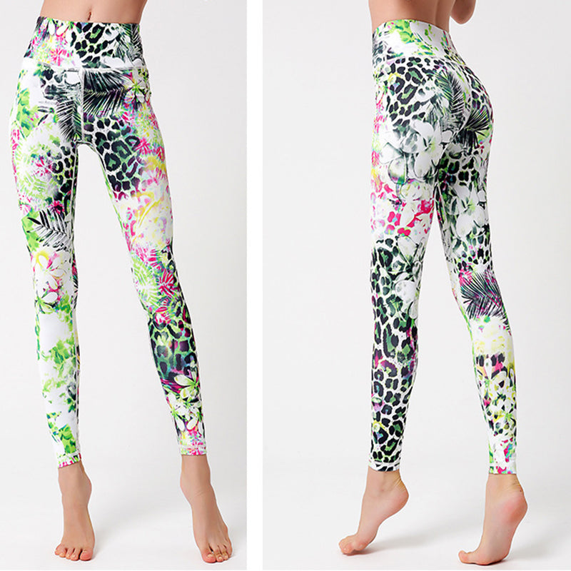 pikywiky high-waisted athletic yoga leggings featuring a vibrant white, green, and pink tropical leopard print