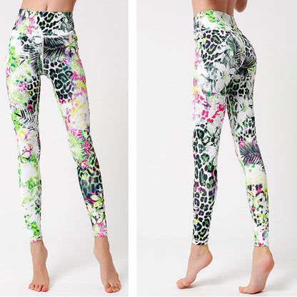 pikywiky high-waisted athletic yoga leggings featuring a vibrant white, green, and pink tropical leopard print
