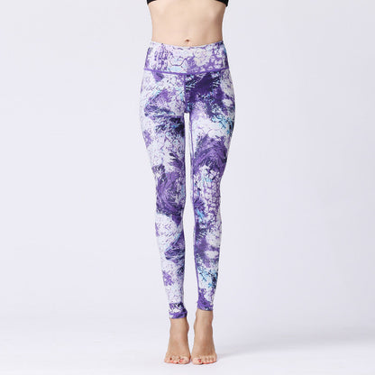 pikywiky high-waisted athletic yoga leggings featuring a vibrant purple and white abstract marble print