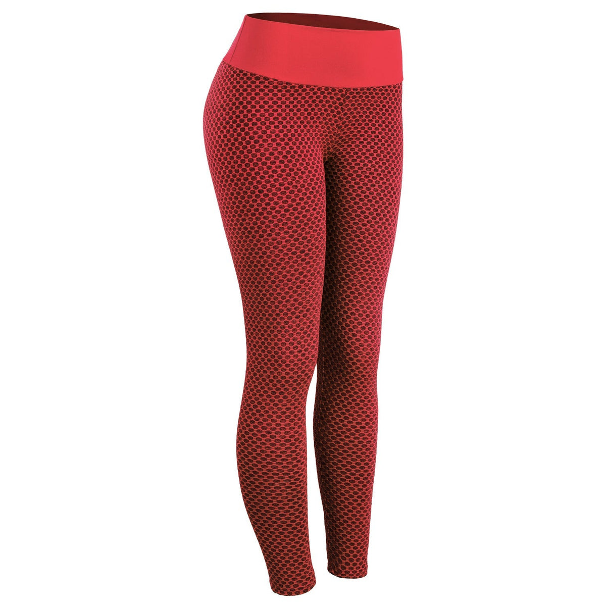 pikywiky high-waisted red athletic leggings with a textured honeycomb pattern for a sculpting and squat-proof fit