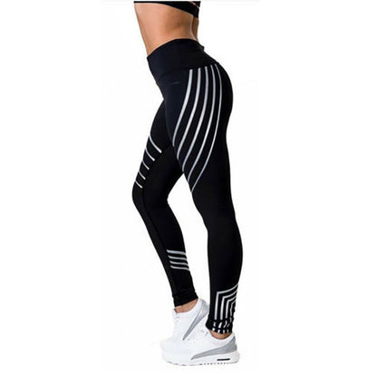 pikywiky high-waisted black athletic leggings with reflective geometric side stripes for yoga and running