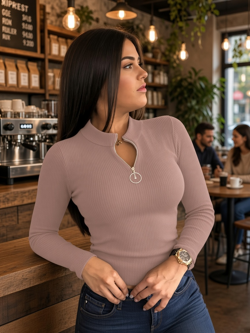 pikywiky mauve ribbed long sleeve mock neck top with a silver ring-pull quarter-zip worn by a woman in a cafe