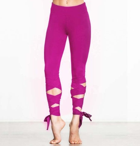 pikywiky rose red polyester yoga leggings with crisscross bandage tie-up ankle detail for fitness and dance