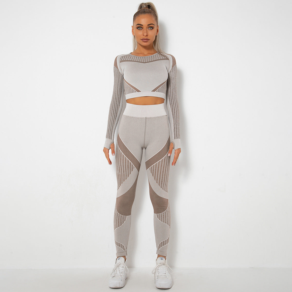 pikywiky seamless long sleeve crop top and high-waisted leggings athletic set in light grey with mesh detailing